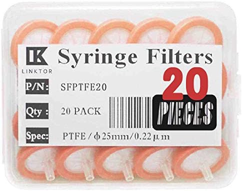 LINKTOR Syringe Filter PTFE Filtration, 25mm Diameter 0.22um Pore Size Non-sterile Pack of 20 (Pack of 20, 0.22μm, PTFE)