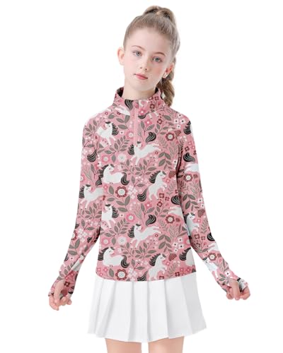 Soneven Girls Long Sleeve Golf Shirts Half Zip Kids Polo Uniform Shirts Quick Dry for 5-14 Years