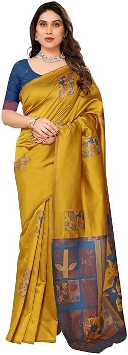 Women's Kanjivaram Banarasi Soft Silk Saree With Unstitched Blouse Piece Partywear/Wedding Indian Gift Item Pack Of 1 (Mustard)