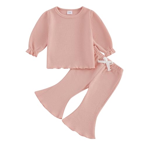 fhutpw Infant Girl Clothes Lantern Sleeve Solid Top and Flared Pants Sets Baby Newborn 6 12 18 Months 2T Fall Winter Outfits