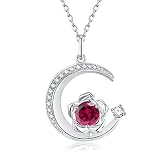 925 Sterling Silber Juli Geburtsstein Erstellt Rubin Halskette Rose & Mond Anhänger Roter Edelstein Geburtstag Jahrestag Schmuck Geschenke für Frauen Mädchen Mutter Tochter, verstellbare Kette