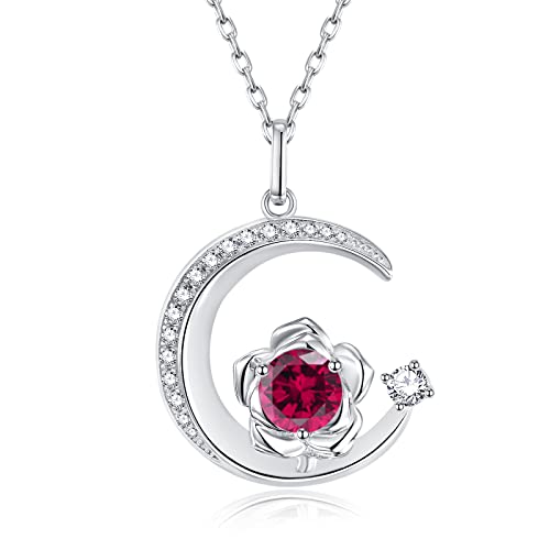 GEMLANTO Collier Lune pour Femme Argent Massif 925/1000， Collier Ruby créé, Pierre de Naissance de Juillet, Collier Rouge