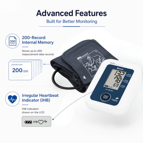 Image of A&D UA-656BLE Bluetooth Digital Blood Pressure Monitor | Automatic BP Machine with Irregular Heartbeat Detection | 200 Memory | Wide Range Cuff (22-42 cm) | iOS /Android Compatible