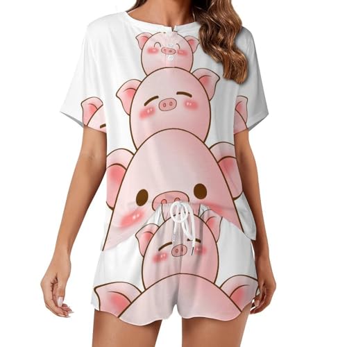 Ensemble pyjama femme manches courtes imprimé cochon mignon ete