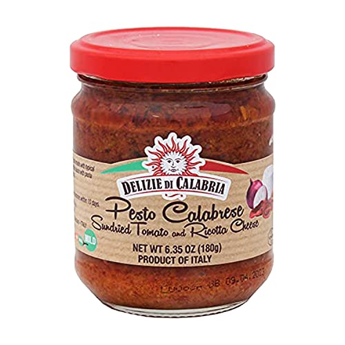 Pesto Calabrese Sundried Tomatoes & Ricotta Cheese | Spicy Italian Seasoning Made with Authentic Calabria Red Onions & Olive Oil - Salsa Sauce for Pizza, Pasta & Steak Recipes, 6.35 oz