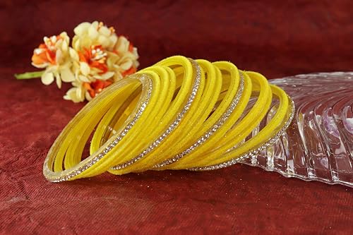 Image of NMII Fancy Glass Golden Zircon Diamond Stone & Velvet Finish Plain Bangles Set For Women & Girls | Glass Velvet Bangles | Kanch ki Chudiyan | Girl's Bangles Bracelet | Fashion Jewellery- Set of 32