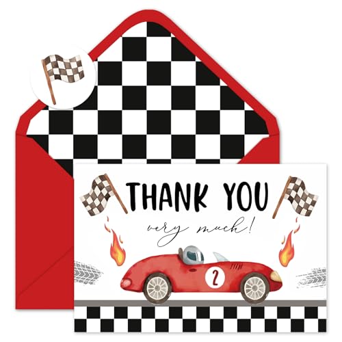 Cartes de remerciement voiture de course rouge pour anniversaire enfant et baby shower