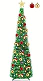 5 Ft Pop Up Pencil Christmas Tree with Timer 60 Warm White & Multicolor Change Lights, Pop Up Tinsel Christmas Tree with 16 Ball Ornaments 8 Bows 1 Minute Xmas Tree Home Indoor Christmas Decorations