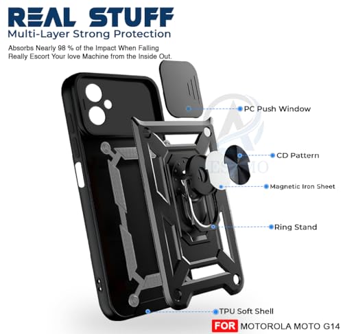Image of AESTMO Tough Armor Moto G14 Bumper Back Case Cover | Ring Holder & Sliding Camera Shield Cover | 360 Degree Protection Back Case Cover for Moto G14 (Black)