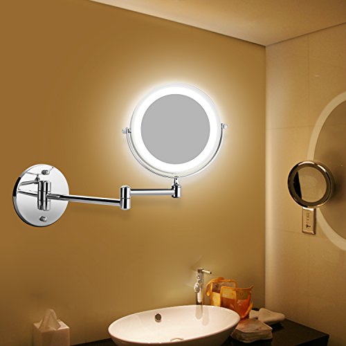 BATHWA Wall Mounted Mirror LED Beauty Mirror 1X/5X Magnification Double Side, Folding Vanity Lamp Retractable 360 Rotating Function Shaving mirror, Powered by 4 x AAA Batteries (not included)