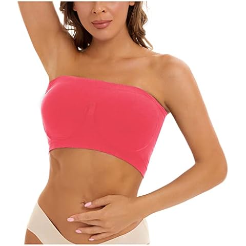 Women Tube Top Bra, Strapless Bandeau Bralette Stretchy Wirefree Yoga Active Bra Unpadded (Pink, S) Cover