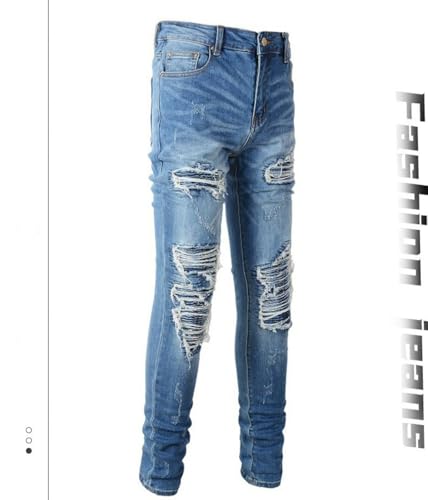 Jeans Pants Trouser Denim Men Stretch Tight Fit Slim Trendy Street Washed Blue Grinding Fading Patched Casual(Blue,29)3