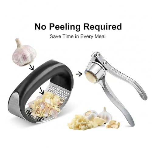Image of Garlic Press & Ginger Crusher Combo, Stainless Steel Garlic Mincer & Ginger Masher, Heavy Duty Manual Squeezer, No Peeling Required, Easy Press Kitchen Tool - (Garlic Curved + Silver)