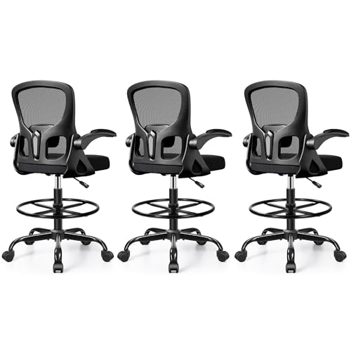 Image of 3-Pack Drafting Chair Tall Office Chair for Standing Desk - Ergonomic Computer Work Stool with Flip-up Arms, Foot Ring & Adjustable Lumbar Support. Ideal for Studio, Artist,Study (Black)