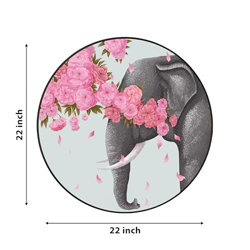 Image of PAINTINGMANTRA Elephant with Pink Flowers Round Large Wall Art Painting for Living Room Decoration, Circular Gold Metal Finish Stylish Large Wall Art Print for Wall Decor (22x22 Inches)