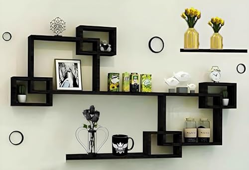 Image of Total Art Craft Engineered Wood Painted Floating Wall Mounted Set of 9 Cube with 3 Shelves for Living Room, Bedroom (Full Black)