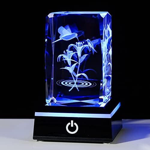 Movdyka Hummingbird Gifts for Women Men Unique, 3D Crystal Etched Hummingbird Figurines Decoration with Colorful Led Base, Glass Paperweight for Bird Lover
