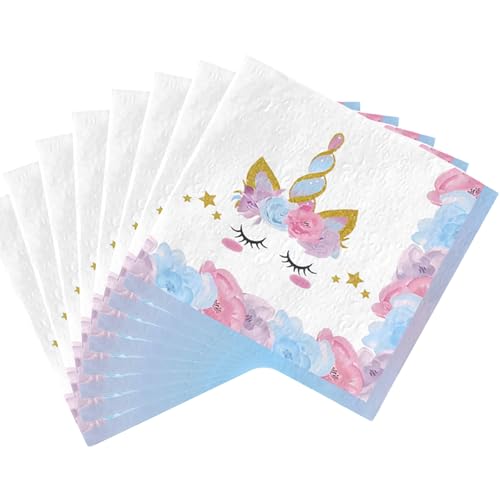 POPOYU Lot de 20 serviettes de table en papier motif licorne - Décoration de table - Violet - 33 x 33 cm - Accessoires de fête d'anniversaire d'enfant pour...
