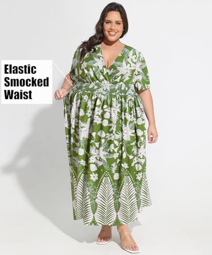 Image of CARCOS Plus Size Dresses for Curvy Women V Neck Summer Maxi Dress Short Sleeve Floral Boho Dress Smocked Waist Beach Dress