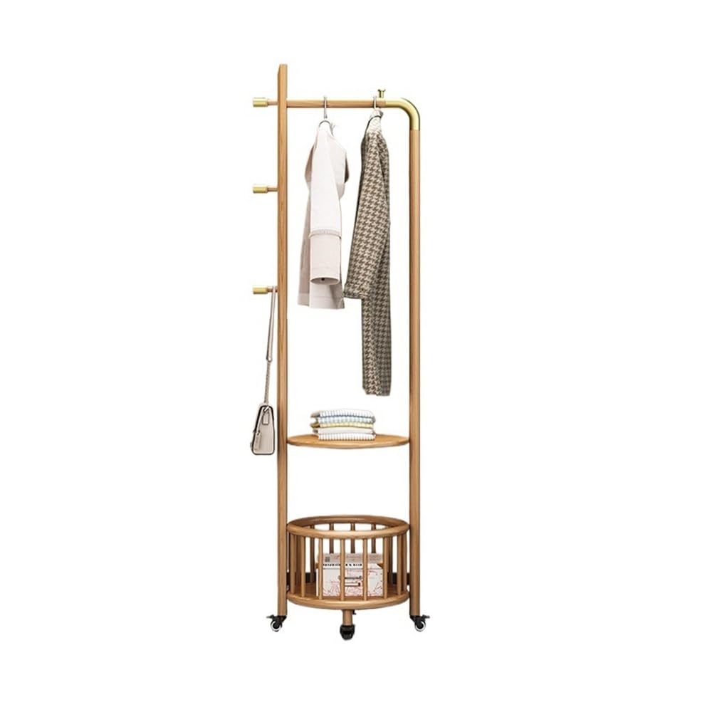 DFHS46JK Hat Rack Solid Wood Floor Coat Rack Entrance Floor-standing Hanger Living Room Clothes Storage Movable for Office(Wood Color,Medium)