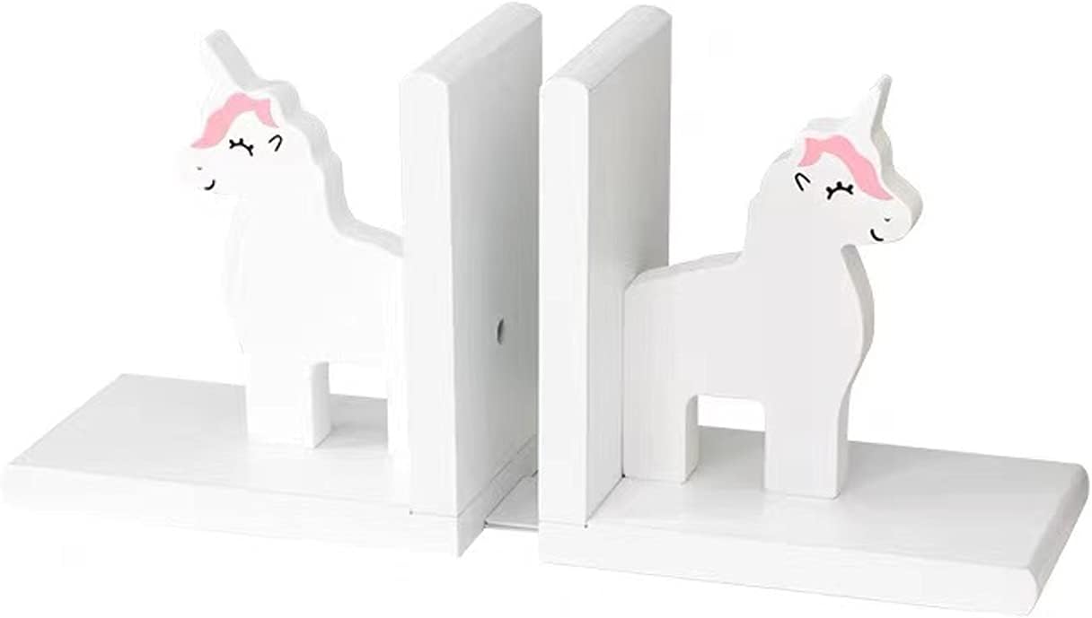 Wood Unicorn Bookends Pink White Unicorn Thematic Nursery Room Kid Room Decorative Bookends - 1 Pair