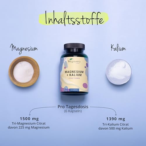 Magnesium + Kalium | Premium: Reine Citrat Formen - Ohne Zusatzstoffe | Hohe Bioverfügbarkeit | Elektrolyte | Muskeln - Blutdruck - Energie * | Laborgeprüft | Vegan | Deutsche Produktion von Vegavero® – Bild 6