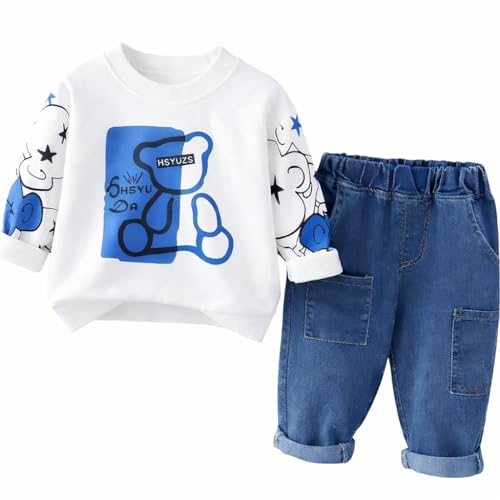Image of Unisex Kids Cotton T-shirt and Denim Pant Set Comfort Fit all Season for Boys and Girls 1 to 8 years (White, 6-7 Years)