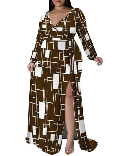 Image of PinkPatty Women's Plus Size Long Sleeve Maxi Dress Casual V Neck Slit Tie Waist Wrap Dresses for Party Cocktail