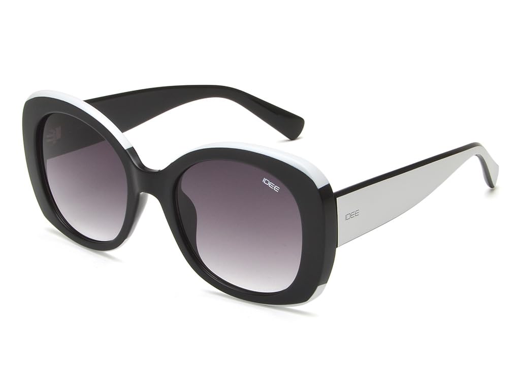 100% UV protected sunglasses for Women with Shiny Black-Shiny White Polycarbonate frame | Size - Large with Greycolored lens-image-3