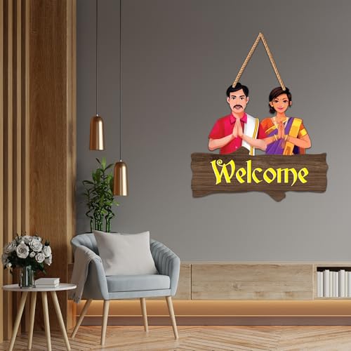 Image of Decor Smart Wooden Wall Hanging | Traditional Welcome Plaque | Home Decor Accent | Decorative Wall Art with Indian Couple Design | Decoration for Living Room | Bedroom & Hall | Restaurant (DWA 8701)