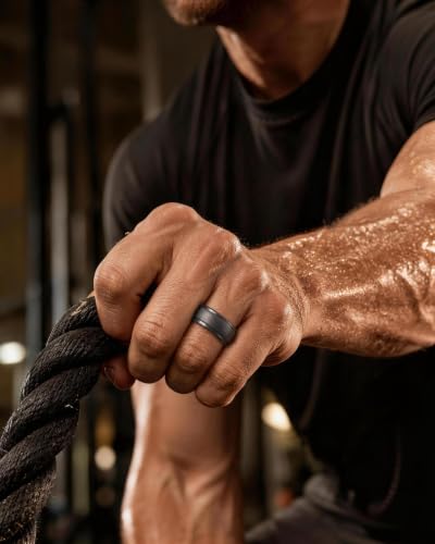 Image of Egnaro Men's Silicone Wedding Rings: Classic Black Step Edge Rubber band 10mm Wide 2.5mm Thick- Hypoallergenic for Gym /Outdoor /Gift(1 /4 /7 Variety Pack with Half Size)