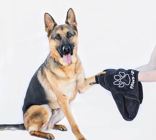 Paws Up XL Paw Cleaning Towel for Dogs removes mud Dirt Grass Sand allergens Machine Washable Microfiber Also Great for a Quick Dry Puppy Bath Towel with Two Hand Pockets. 34” X 10” XL (Black)