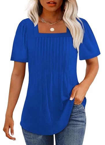 Plus Size Women Blouses Trendy 2025 Fashion Clothing Summer Outfits Beach Vacation Clothes Blouses Dressy Casual Tops Short Sleeve Shirts Square Neck Royal Blue XXXL