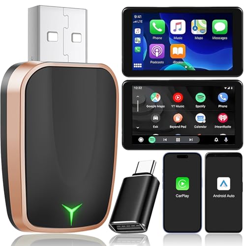 Image of Wireless Carplay Adapter, Android Auto for Car, 2 in 1 Convert Wired to Wireless, Plug & Play with 5G WiFi & Bluetooth 5.0, Compatible with iPhone /Android for 98% Vehicles (Gold)