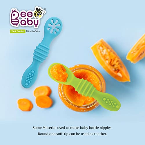 Image of BeeBaby Smushee Silicone Spoon for Baby 6 to 12 Months, Self Feeding Baby Spoon, Soft Silicone Baby Led Weaning Utensils, BPA Free First Stage Weaning Set for Infants, Pack of 2, Blue & Green