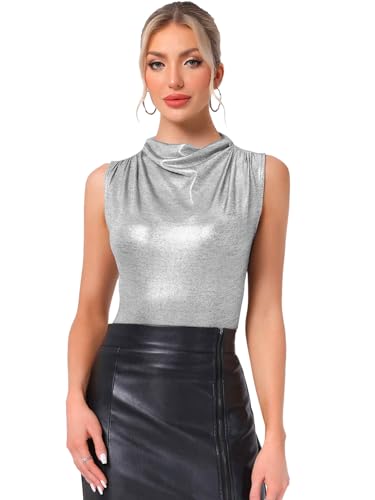 Allegra K Metallic Tank Top for Women's Shiny Party Sleeveless Cowl Neck Blouse Large Silver