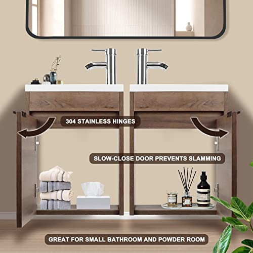 Nuttuto 16" Bathroom Vanity With Sink Combo Wall Mounted Cabinet Set For Small Space - Durable 18Mm Mdf Board - Easy To Install - Faucet U Shape Drain Include (Walnut) #TOP3