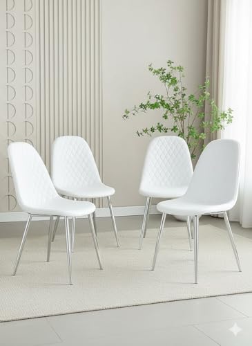 Image of ASR INTERIORS Set of 4 White Faux Leather Dining Chairs with Chrome Legs | Modern High Back Upholstered Quilted Chairs – Contemporary Kitchen, Dining Room, Lounge, or Office Seating (White)