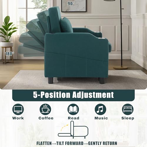 Image of Sleeper Chair 5-in-1 Convertible Chair Bed Pull Out Adjustable Single Armchair Sofa Bed with USB Ports,Side Pocket,Cup Holder (Green)
