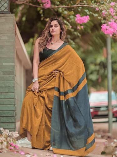 Image of Women's Cotton Woven Soft Sarees With Attach Blouse Piece.