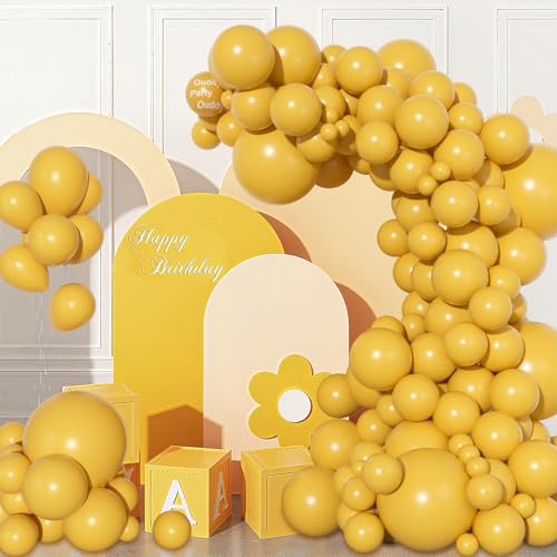 Image of Ouddy Party 129Pcs Mustard Fall Balloon Arch Garland Kit in 18 12 10 5 Inch | Different Sizes 6Pcs 18 inch Mustard Yellow Latex Balloons for Thanksgivings Fall Baby Shower Birthday Flowers Party Decorations