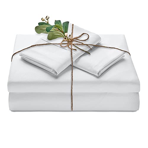 Chanasya Embossed White Queen Size Bed Sheets Set 4-Piece - Soft Stripe Diamond Pattern 1 Flat Sheet 1 Fitted Sheet 2 Pillowcases - Wrinkle Stain Resistant - Luxurious Microfiber Sheet - White - Queen #TOP30