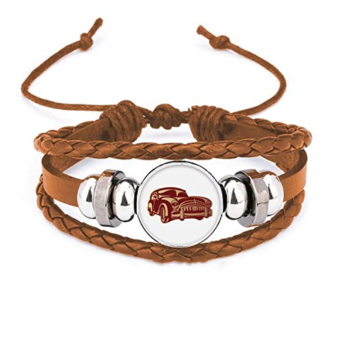 Bracelet en cuir rouge foncé au motif de voitures classiques, l'élégance vintage au poignet
