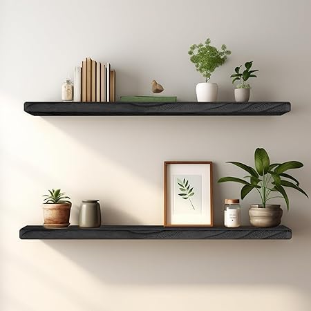 24 Inch Floating Shelves, Bathroom Wooden Shelves for Wall Mounted, Rustic Farmhouse Floating Shelves, Solid Wood Wall Shelves for Storage, Set of 2, Brown Sheesham Wood (24 in, Black)-image-24