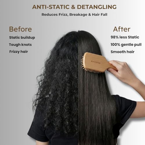 Image of Neem Wooden Hair Brush, Soaked in 21+ Herbs Amla & Bhringraj Oils | Anti-Static Detangling Brush Reduces Dandruff, Frizz & Breakage (Kacchi Neem Wood Bristles)
