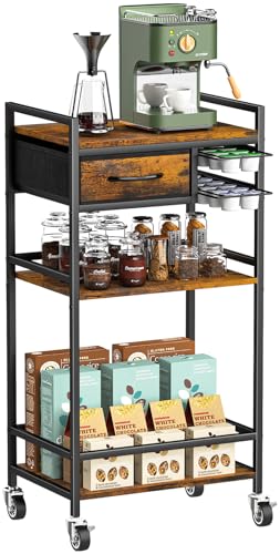 Housolution Mueble Bar de Café Móvil de 4 Pisos con Almacén, Organizador de Café con 2 Cajones para K-Tazas para Nespresso Vertuo, Carrito Bar de Café para Casa, Cocina, Sala de Estar (Marrón Rustico)