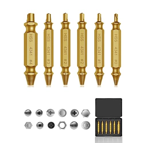 Damaged Screw Extractor Set - Remover for Stripped Screws Nuts Bolts, Drill Bit Tools for Easy Removal of Rusty Broken Hardware, 6PC HSS Drill Bit Bolt Extractor Kit, Hardware Gifts for Men (Metals)