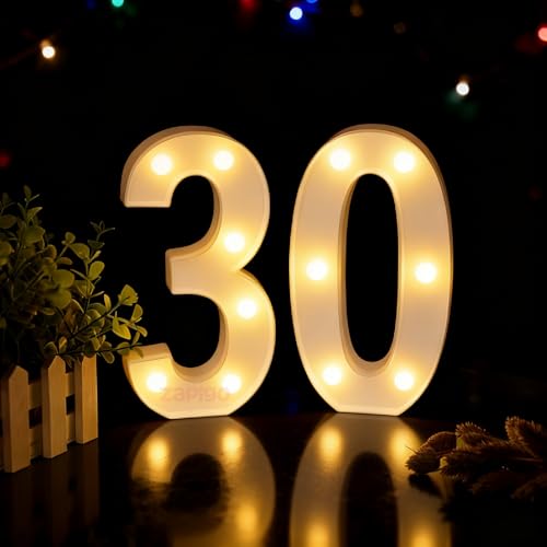 Image of Balloonistics LED Marquee Number 30 Light - Cordless Battery-Operated Light Up Number Sign for 30th Birthday, Anniversary, Wedding, Party Decoration, Photo Booth Backdrop, Cake Table Decor