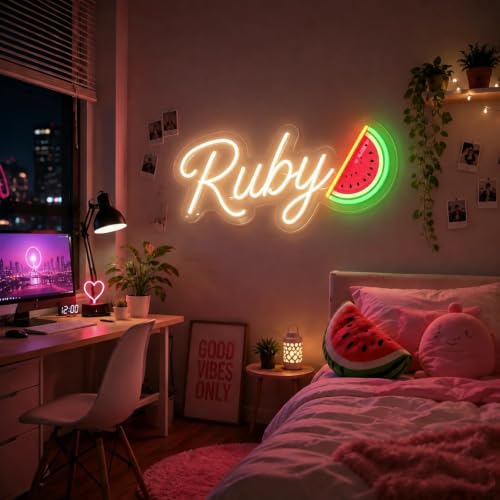 Image of Custom Name Neon Sign with Watermelon Personalized LED Neon Light Sign for Wall Decor Kid's Bedroom Birthday Party Wall Art Christmas Gift