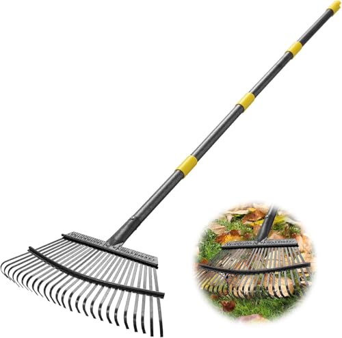 INFLATION Heavy Duty Garden Rake for Leaves for Lawns 65” Length 18” Width Adjustable 25 Tines Sturdy Metal Yard Gardening Leaf Rakes for Women Men with Smooth Comfortable Long Handle
